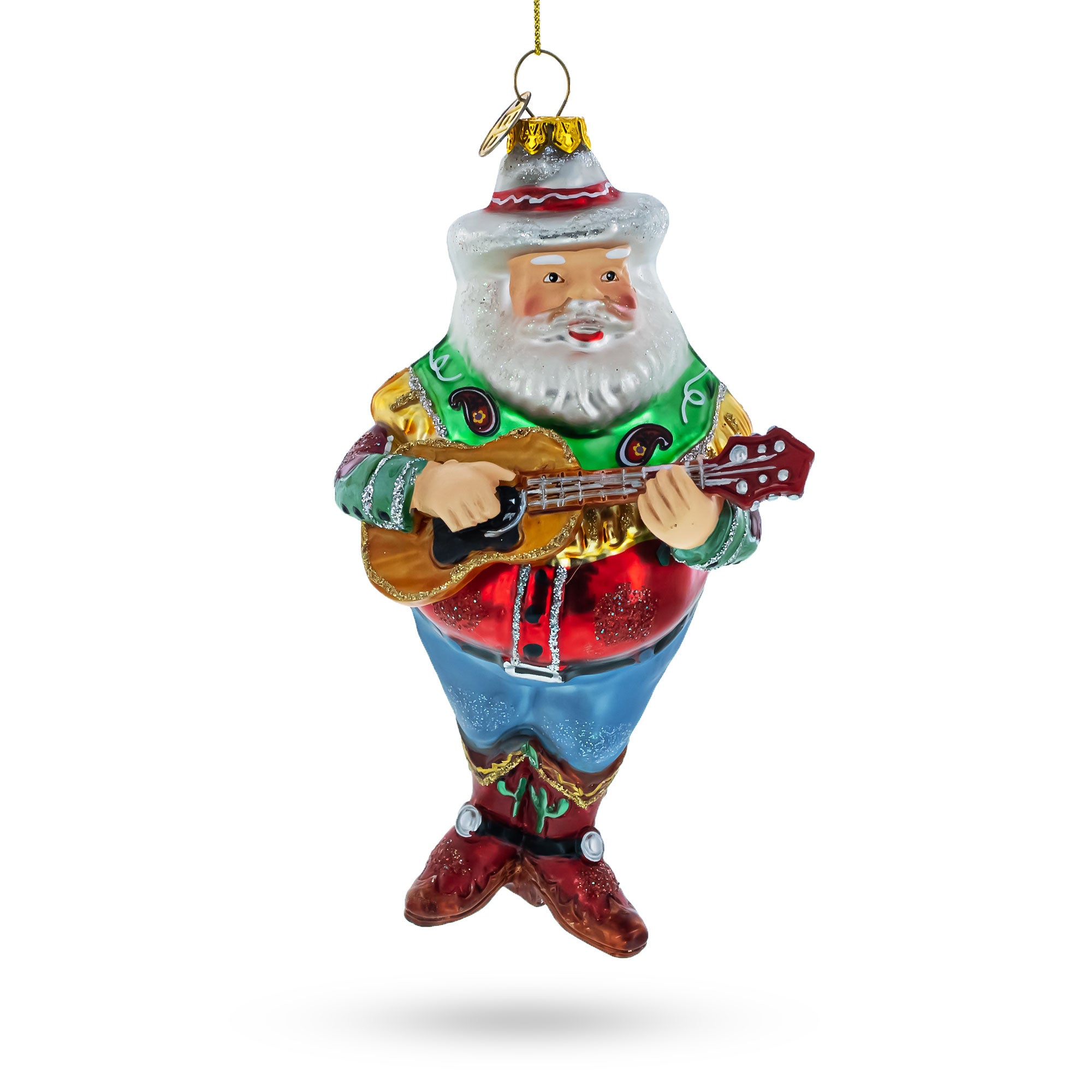 Western Santa with Guitar Glass Christmas Ornament in Multi color Figurine