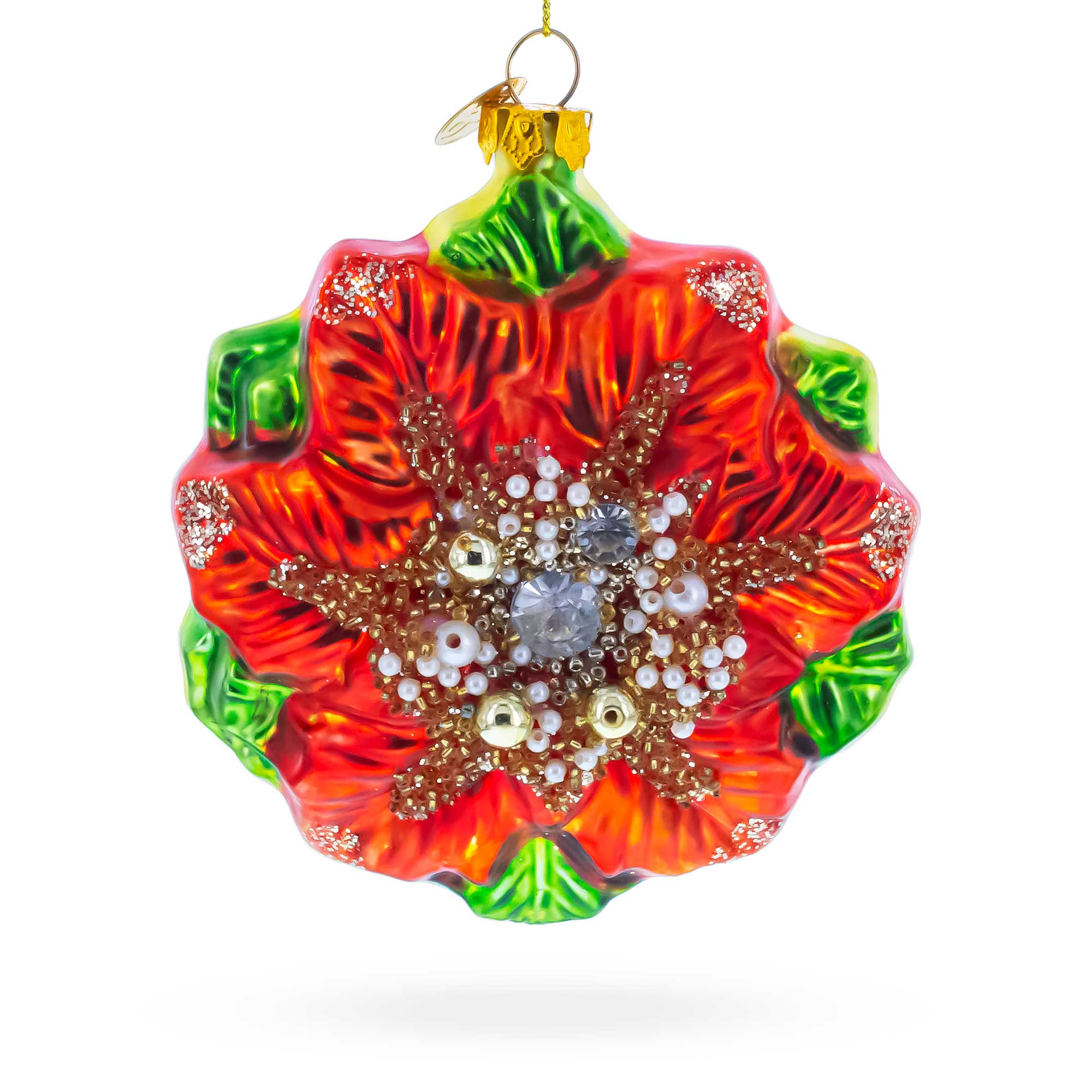 Poinsettia with Mother of Pearls Glass Christmas Ornament in Red color Figurine