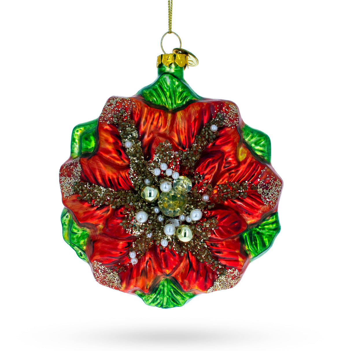 Glass Elegant Poinsettia with Mother of Pearls - Blown Glass Christmas Ornament in Multi color