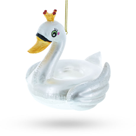 Glass Regal Swan Floatie Queen - Blown Glass Christmas Ornament in White color