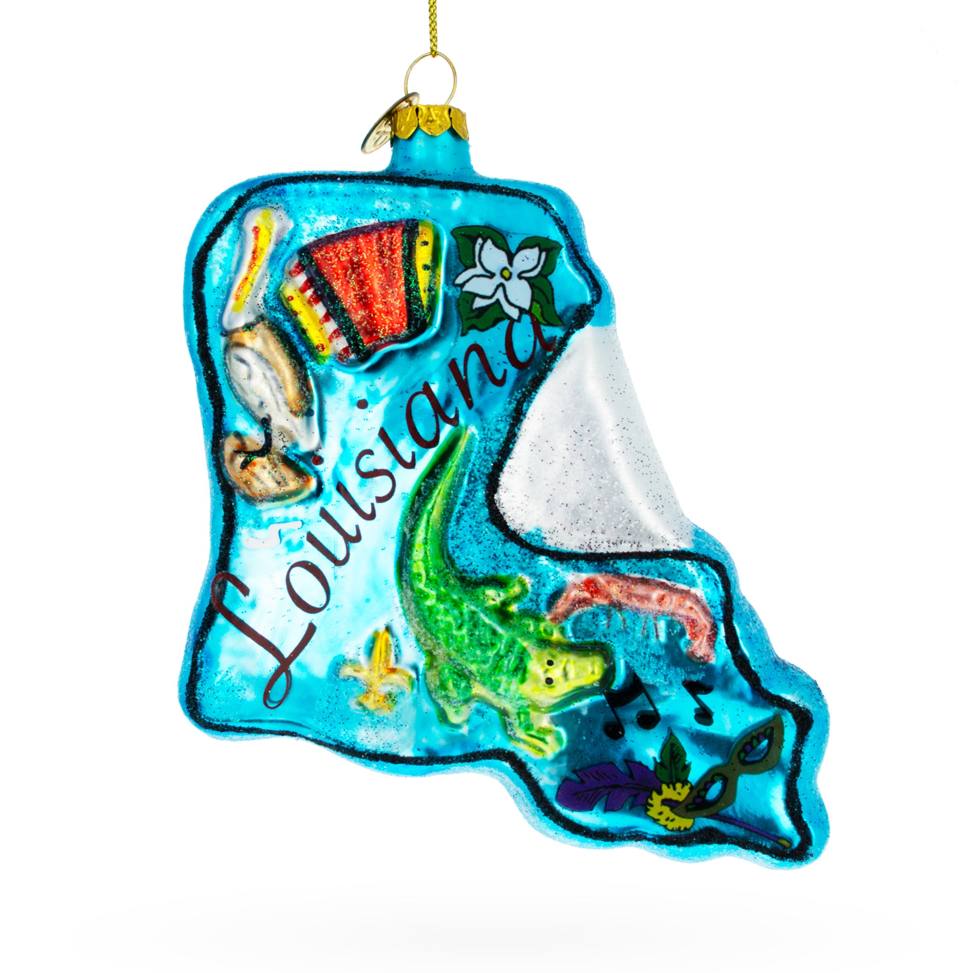 State of Louisiana Symbols, USA Glass Christmas Ornament in Blue color Figurine