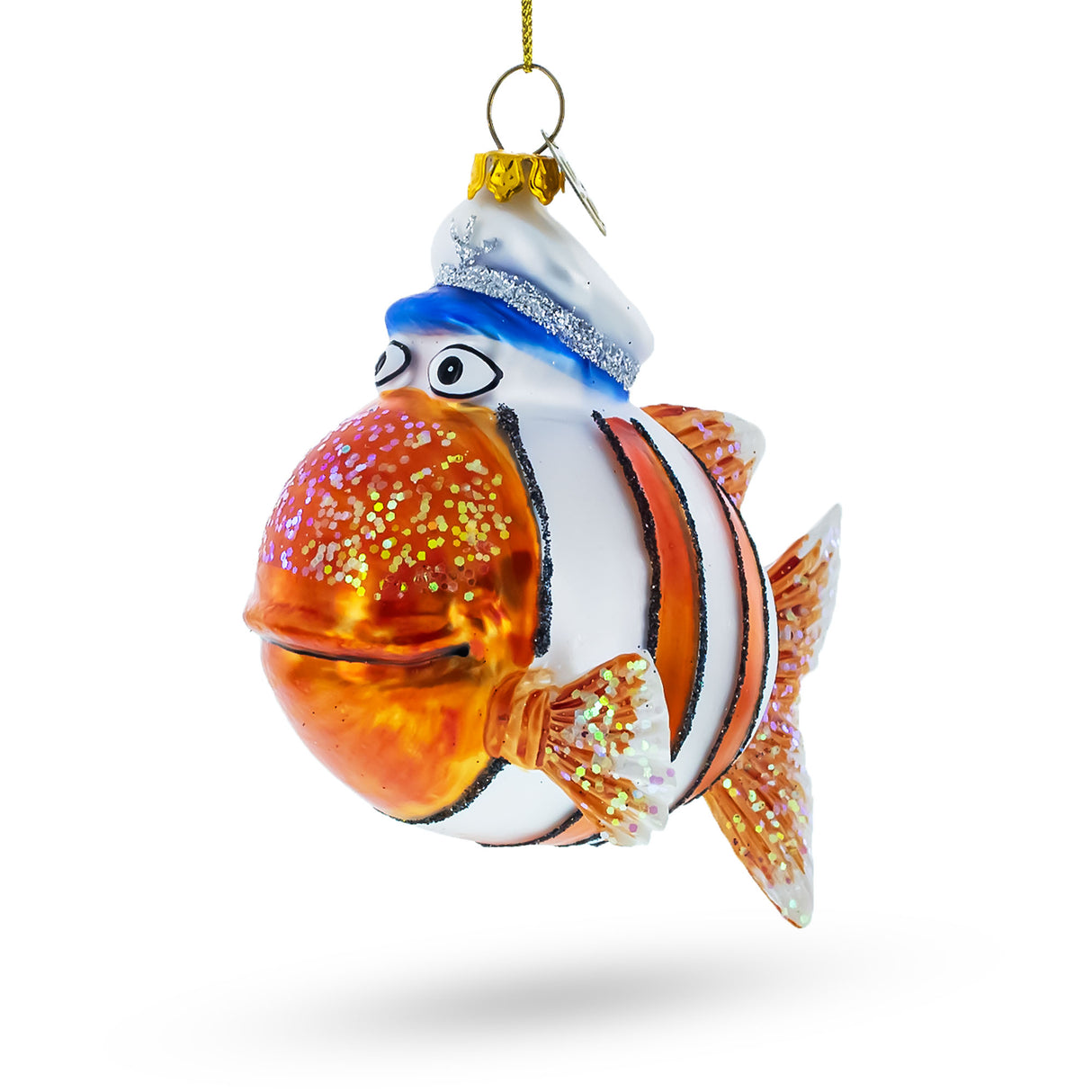 Nautical Captain Fish - Blown Glass Christmas Ornament in Orange color,  shape