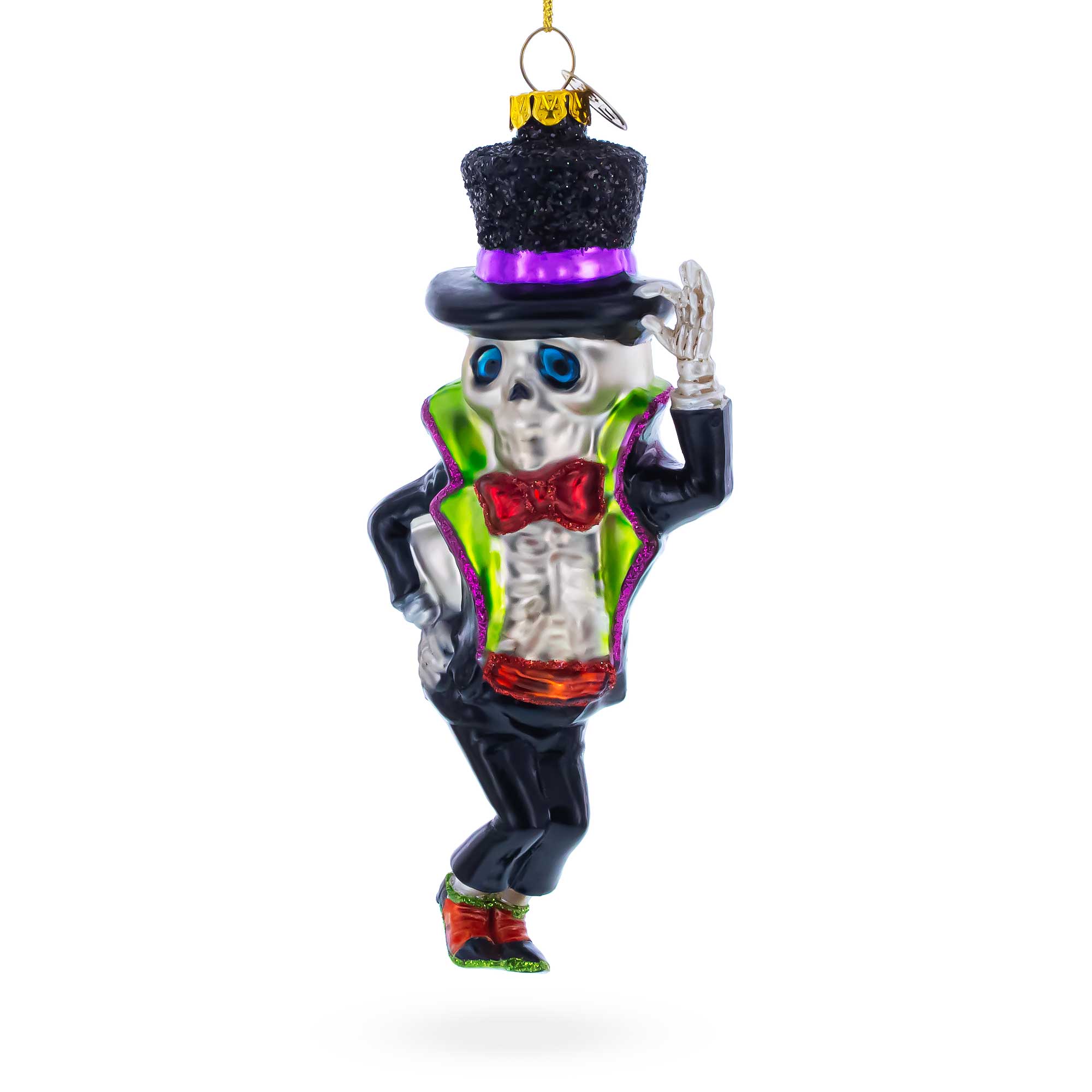 Spooky Skeleton Groom Glass Christmas OrnamentChina , dimensions in inches: 7.3 x 2.6 x