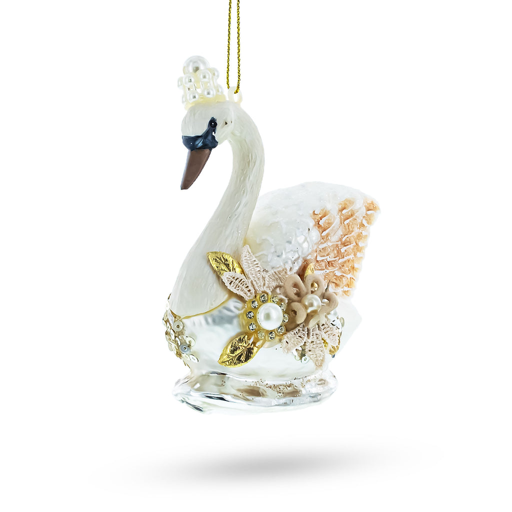 Royal Swan Adorned with Pearls Glass Christmas Ornament in White color Figurine