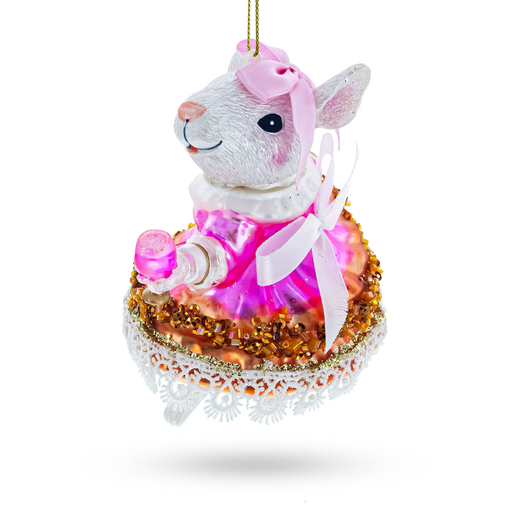 Mouse Toasting with Wine Glass Christmas Ornament in Pink color Figurine