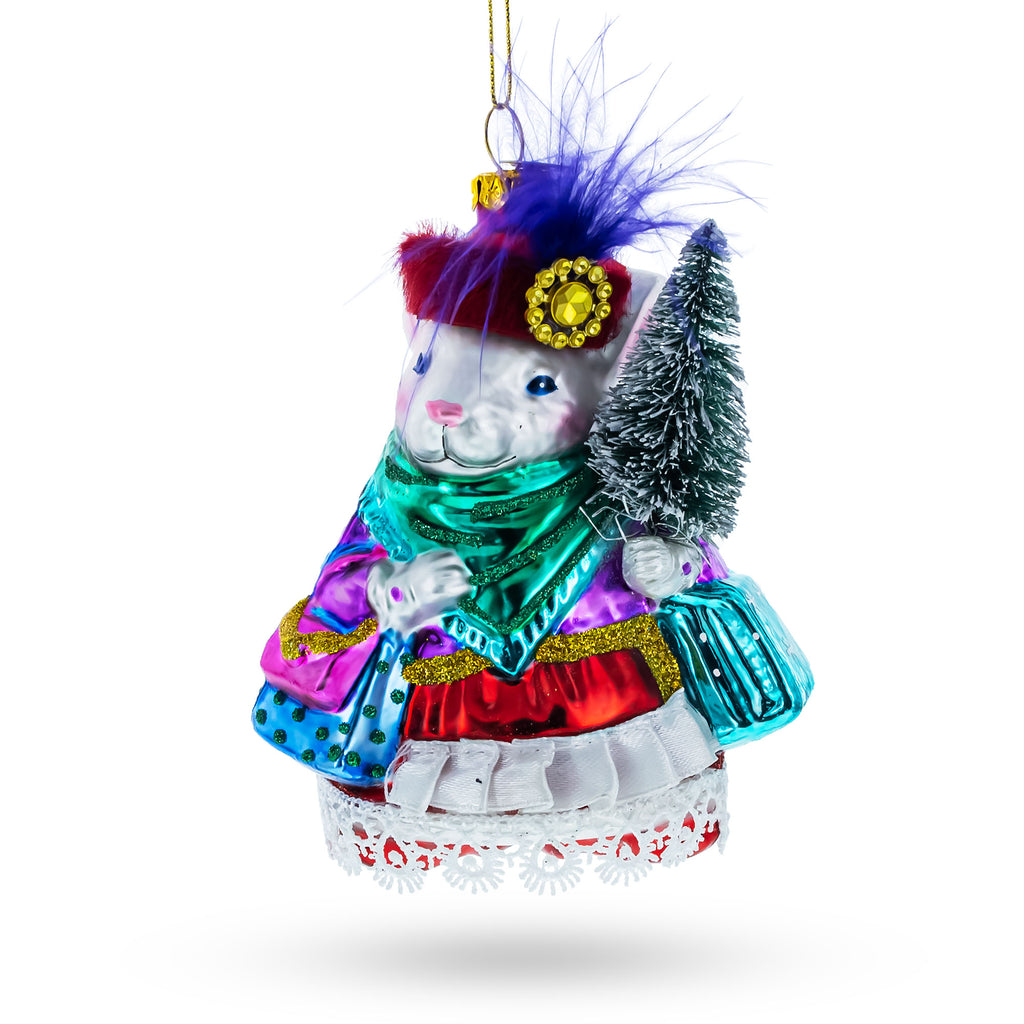 Mouse with Tree and Gifts Glass Christmas Ornament in Multi color Figurine