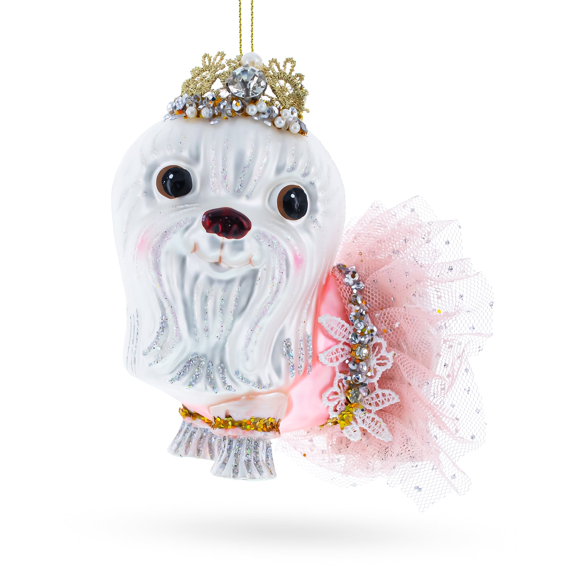 Bolonka Dog with Crown Glass Christmas Ornament in White color Figurine