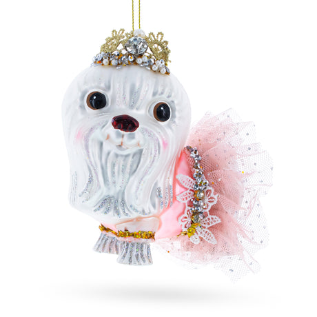 Glass Lovable Bolonka Dog with Crown - Blown Glass Christmas Ornament in Multi color