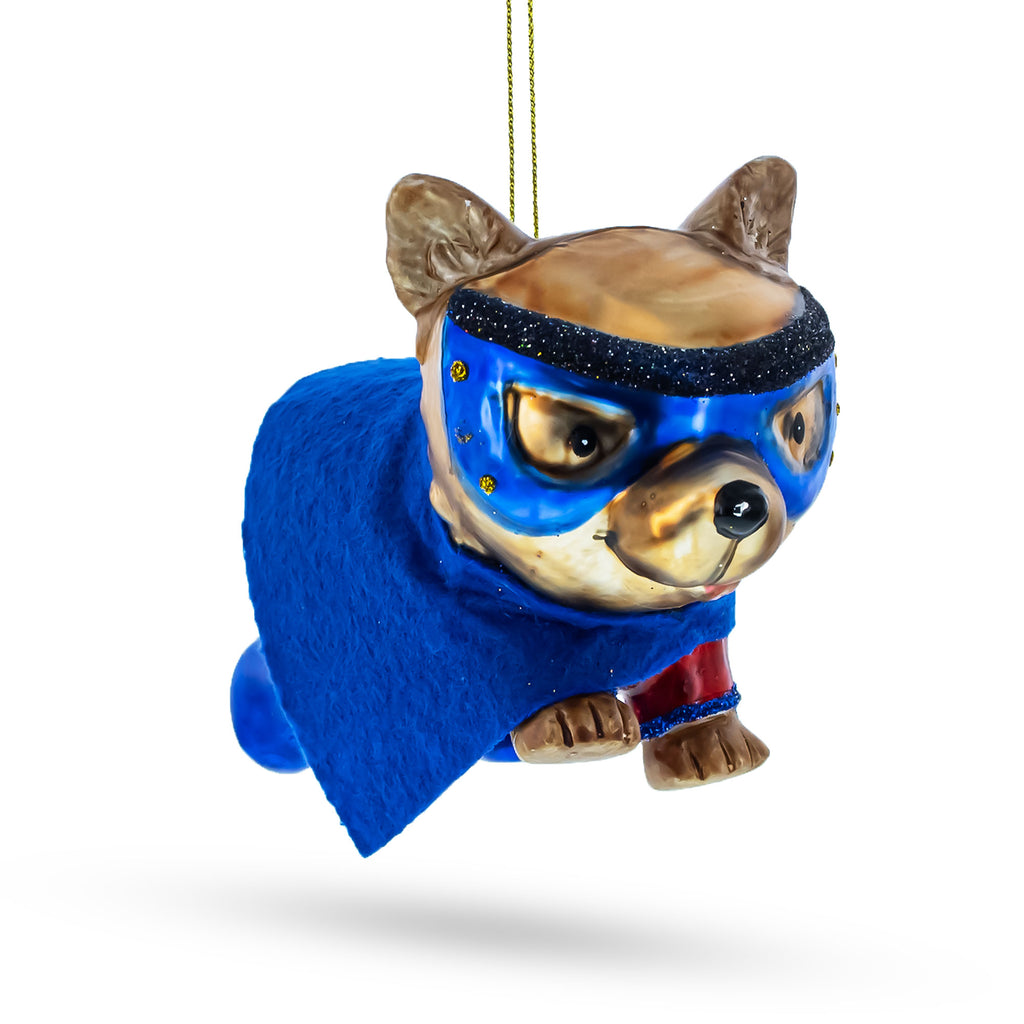 Super Pup in Blue Cape Glass Christmas Ornament in Blue color Figurine