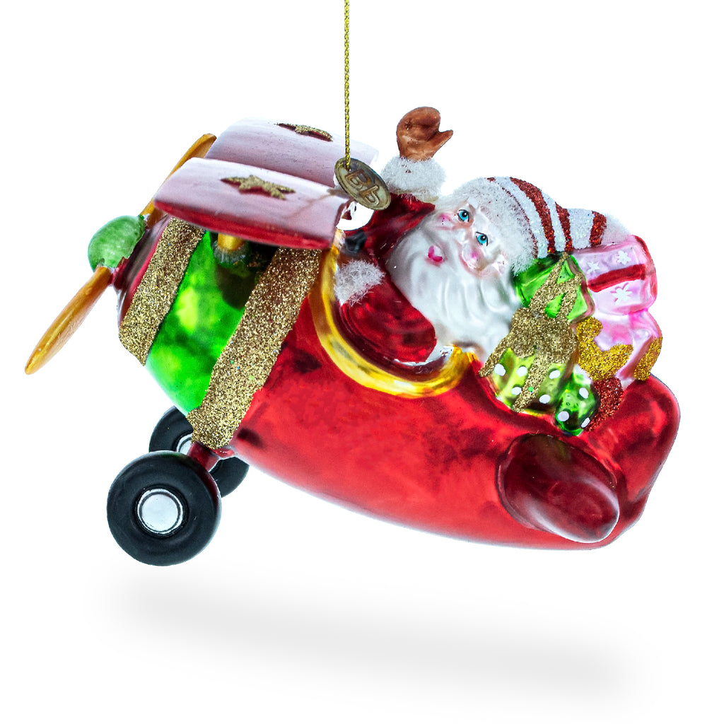 Glass Joyful Pilot Santa Flying Airplane - Festive Blown Glass Christmas Ornament in Red color