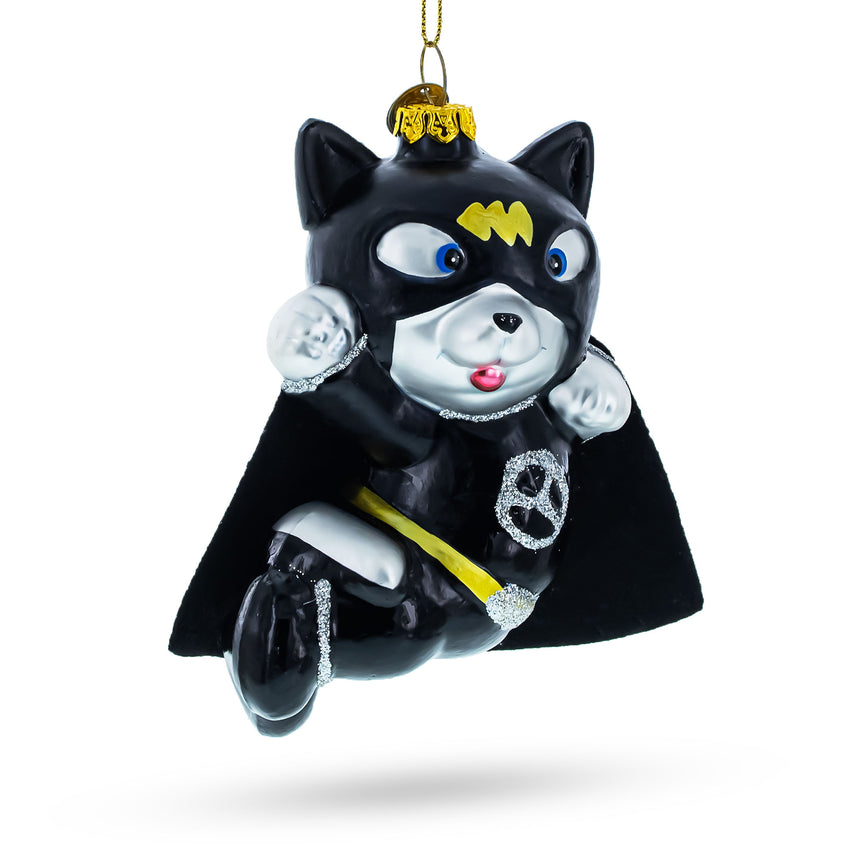 Flying Super Dog in Black Costume Glass Christmas Ornament in  color