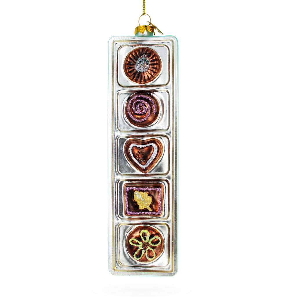Decadent Box of Chocolates Blown Glass Christmas Ornament in Silver color Figurine