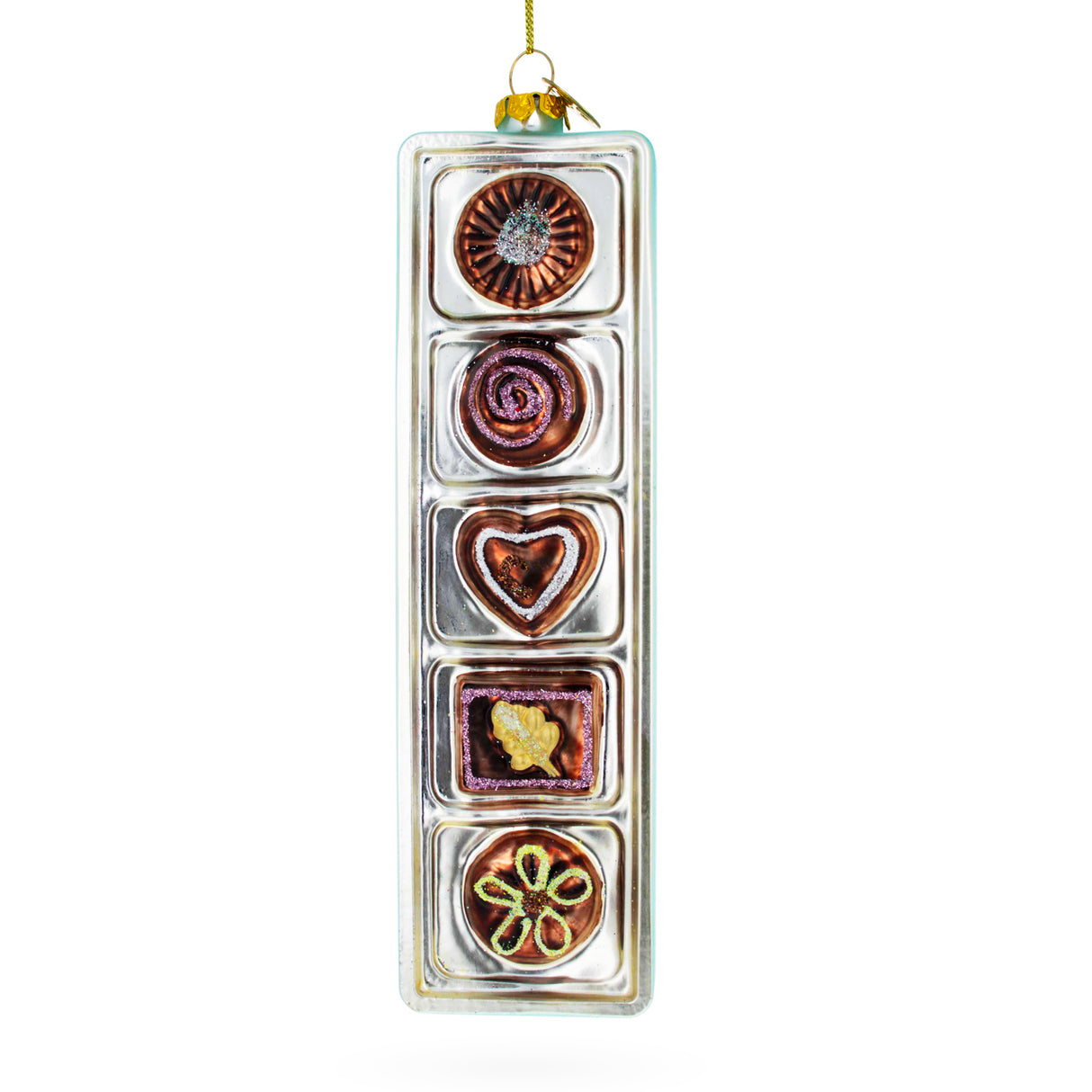 Decadent Box of Chocolates - Blown Glass Christmas Ornament in Silver color,  shape