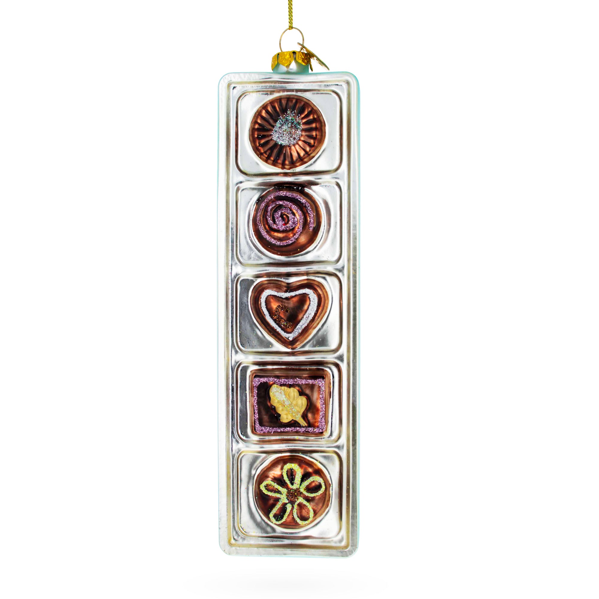 Decadent Box of Chocolates Blown Glass Christmas Ornament in Silver color Figurine
