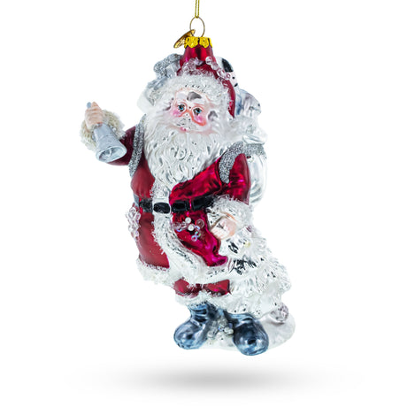 Jolly Santa Ringing a Golden Bell Glass Christmas Ornament in Multi color