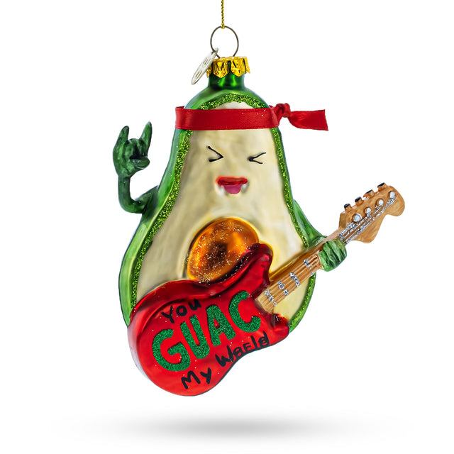 Musical Avocado Strumming a Guitar - Blown Glass Christmas Ornament in Multi color,  shape