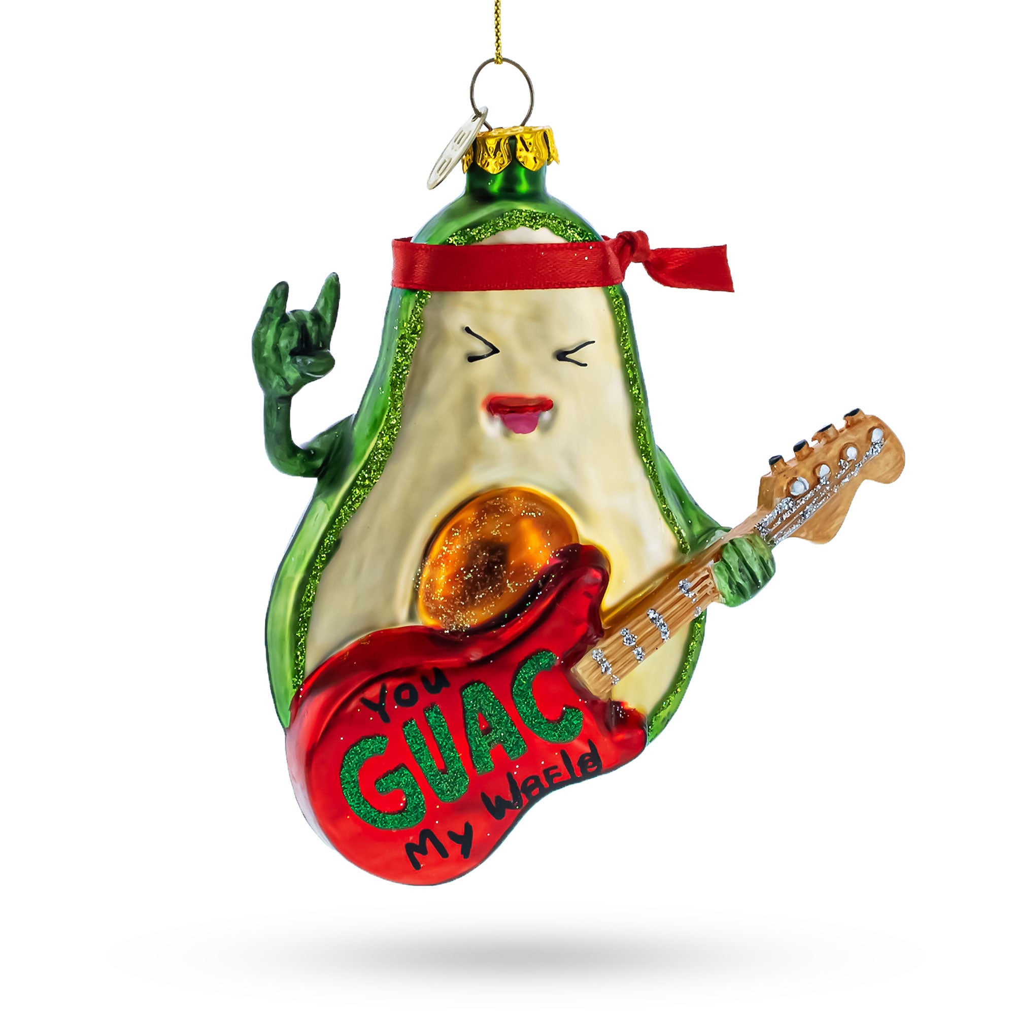 Musical Avocado Strumming a Guitar Glass Christmas Ornament in Green color Figurine