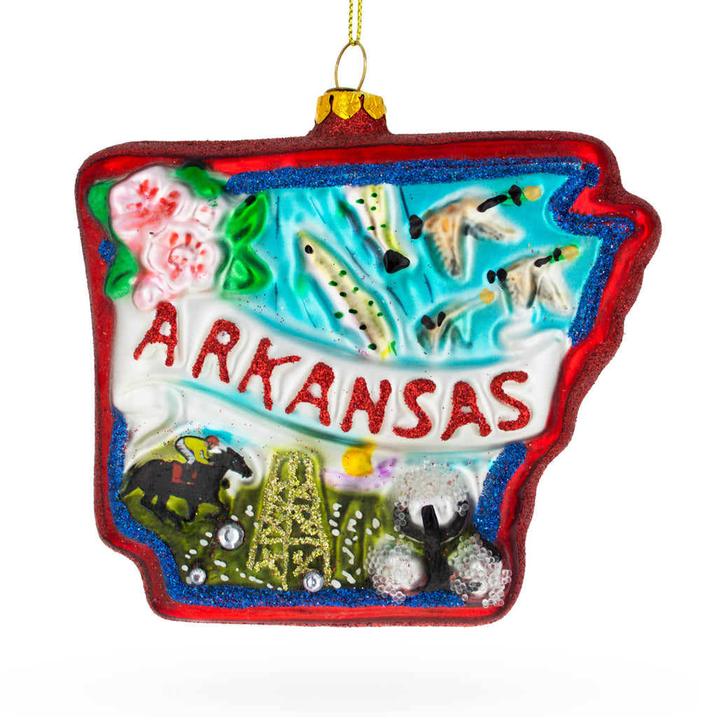State of Arkansas Symbols, USA Glass Christmas Ornament in Multi color Figurine