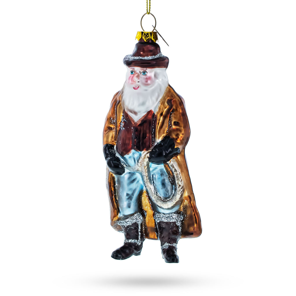 Cowboy Santa Skillfully Twirling a Lasso Glass Christmas Ornament in Brown color Figurine
