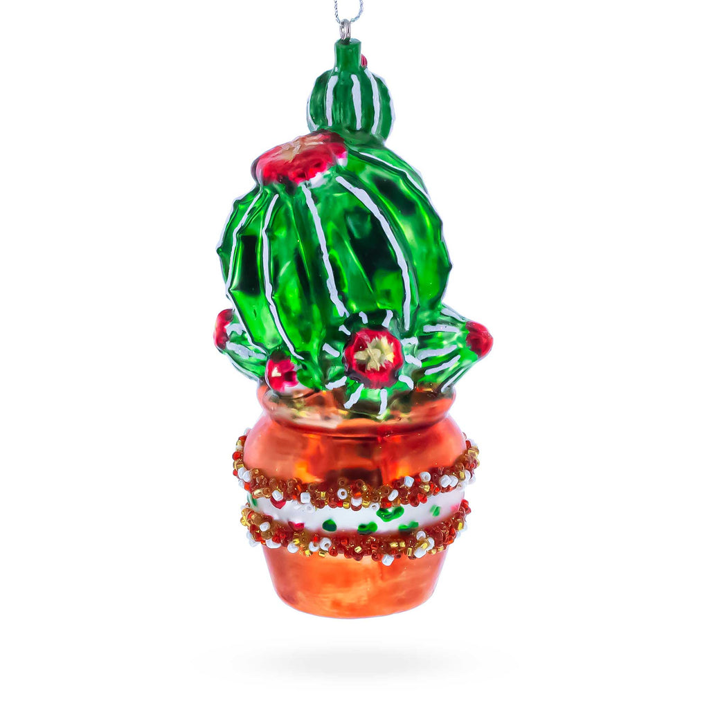 Decorated Cactus in a Pot Glass Christmas Ornament in Green color Figurine