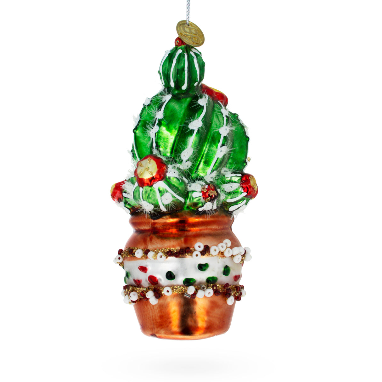 Festively Decorated Cactus in a Pot - Blown Glass Christmas Ornament in Multi color,  shape