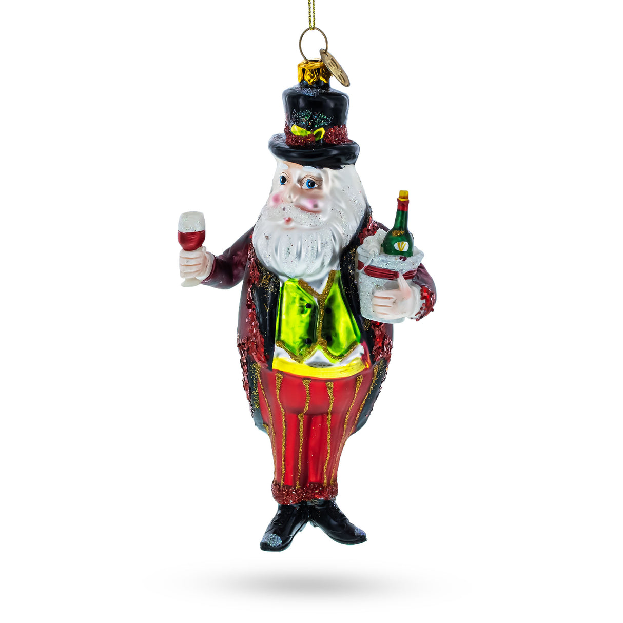 Santa Toasting with a Glass of Red Wine - Blown Glass Christmas Ornament in Multi color,  shape