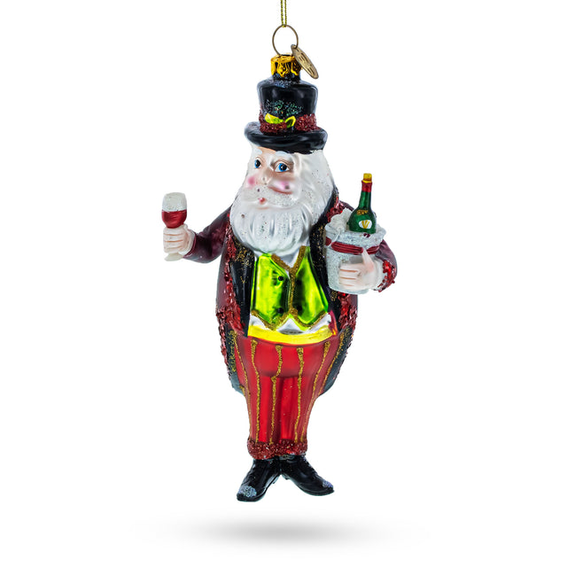 Glass Santa Toasting with a Glass of Red Wine - Blown Glass Christmas Ornament in Multi color