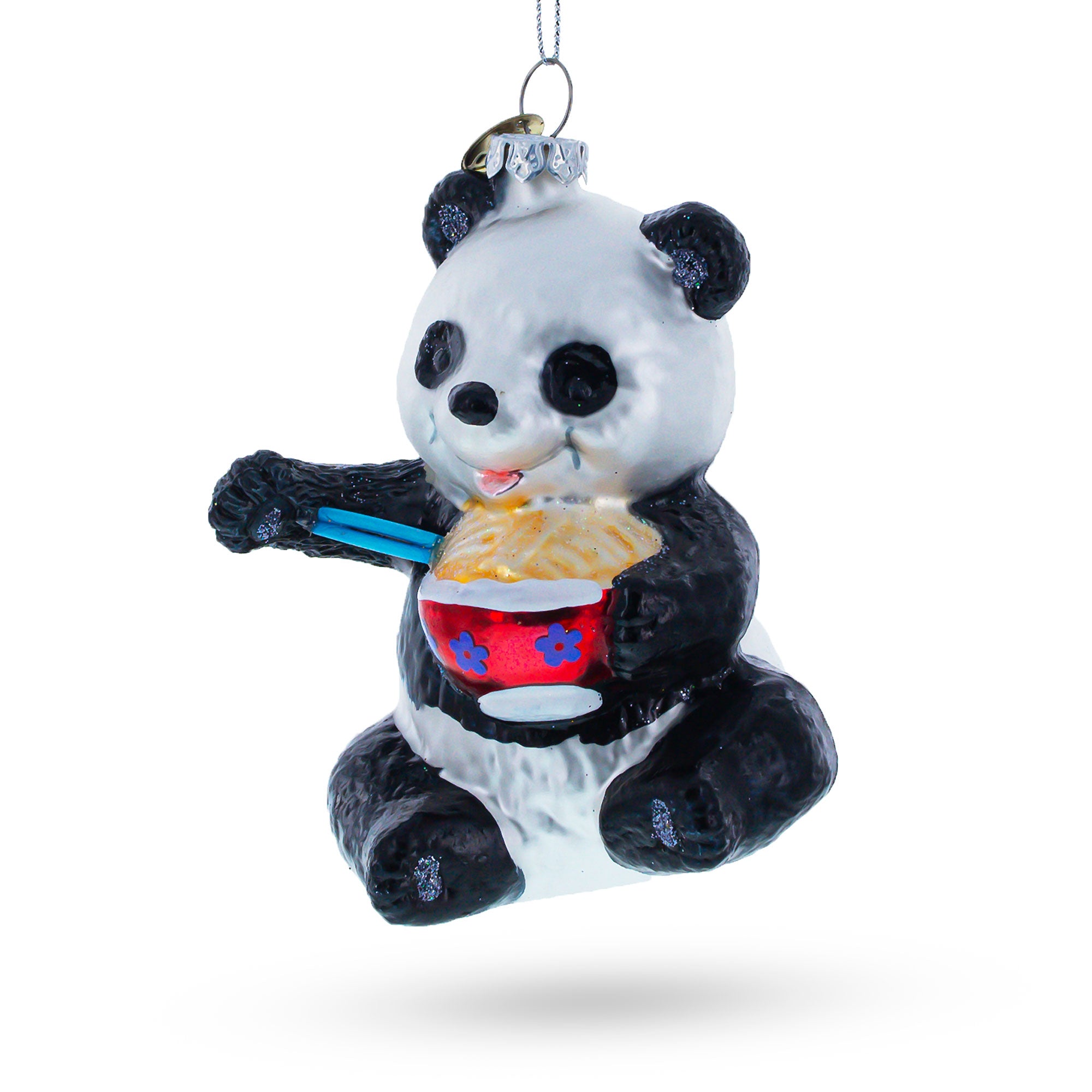 Panda Relishing Noodles Glass Christmas Ornament in Black color Figurine