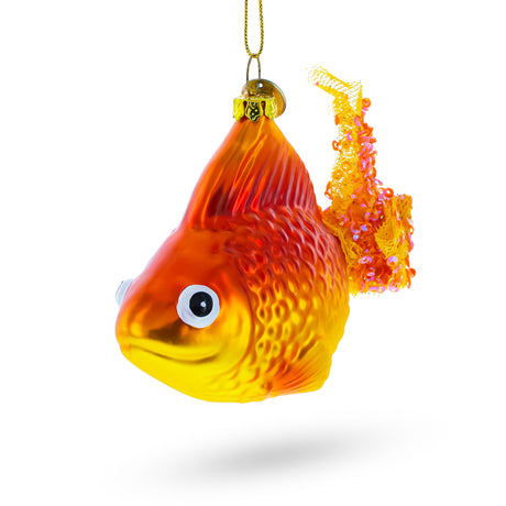 Glistening Goldfish in Aquatic Splendor - Blown Glass Christmas Ornament in Orange color,  shape