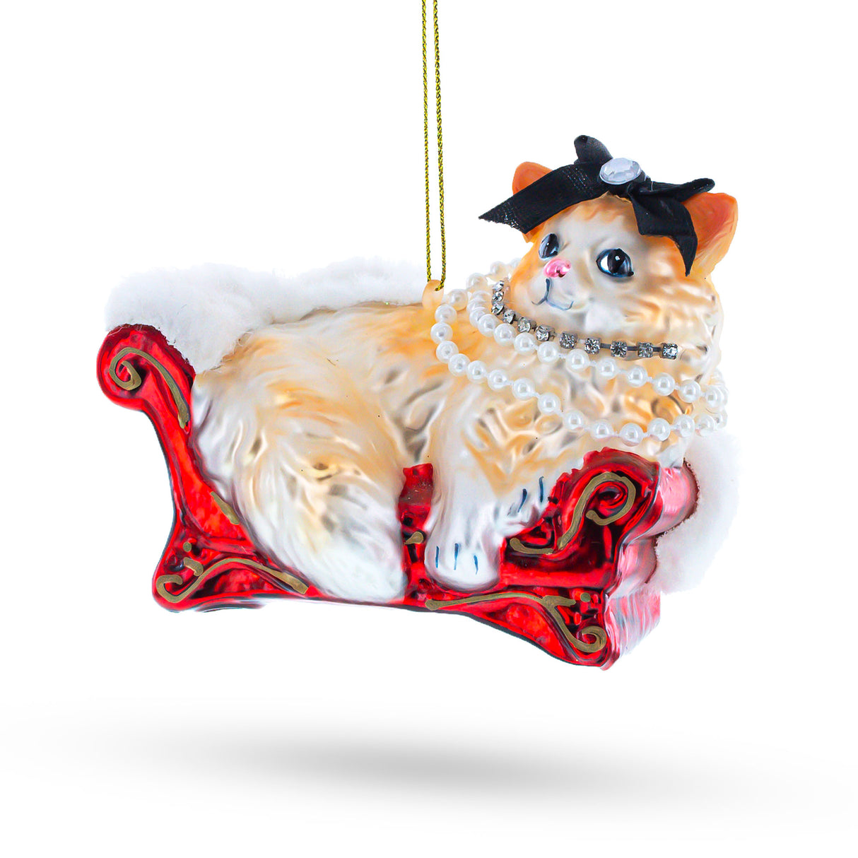Elegant Cat in Pearl Necklace Lounging on Luxurious Sofa - Blown Glass Christmas Ornament in Beige color,  shape