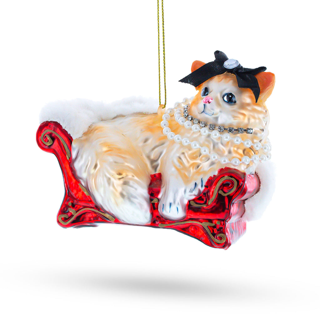 Cat in Pearl Necklace Lounging on Sofa Blown Glass Christmas Ornament in Beige color Figurine
