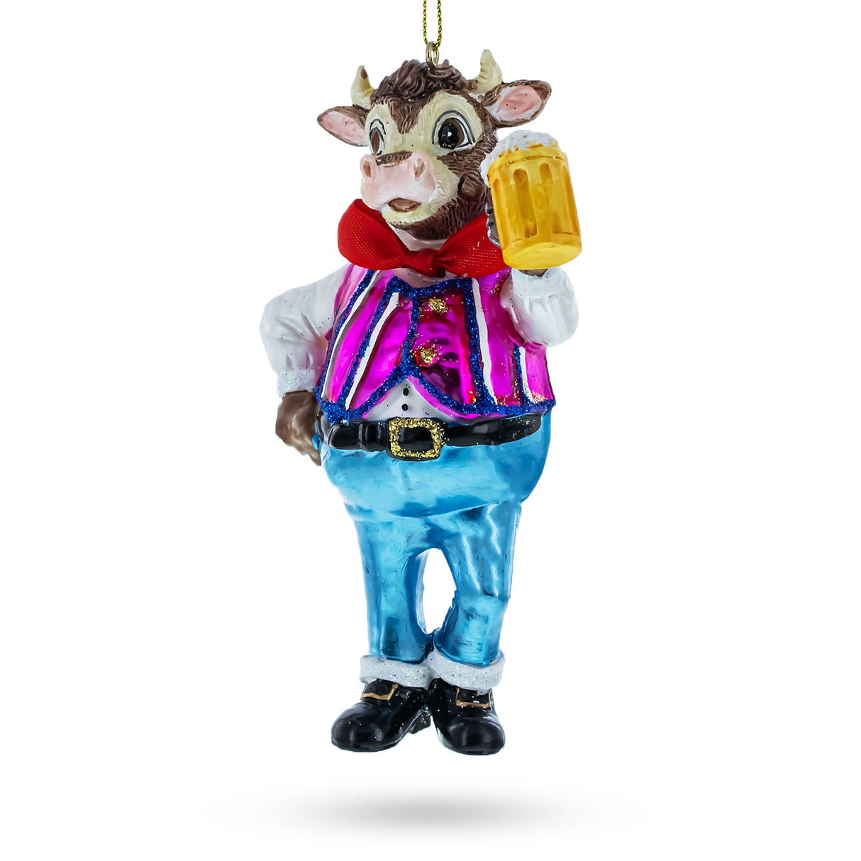 Glass Cheers! Bull Hoisting a Cold One Beer - Blown Glass Christmas Ornament in Multi color