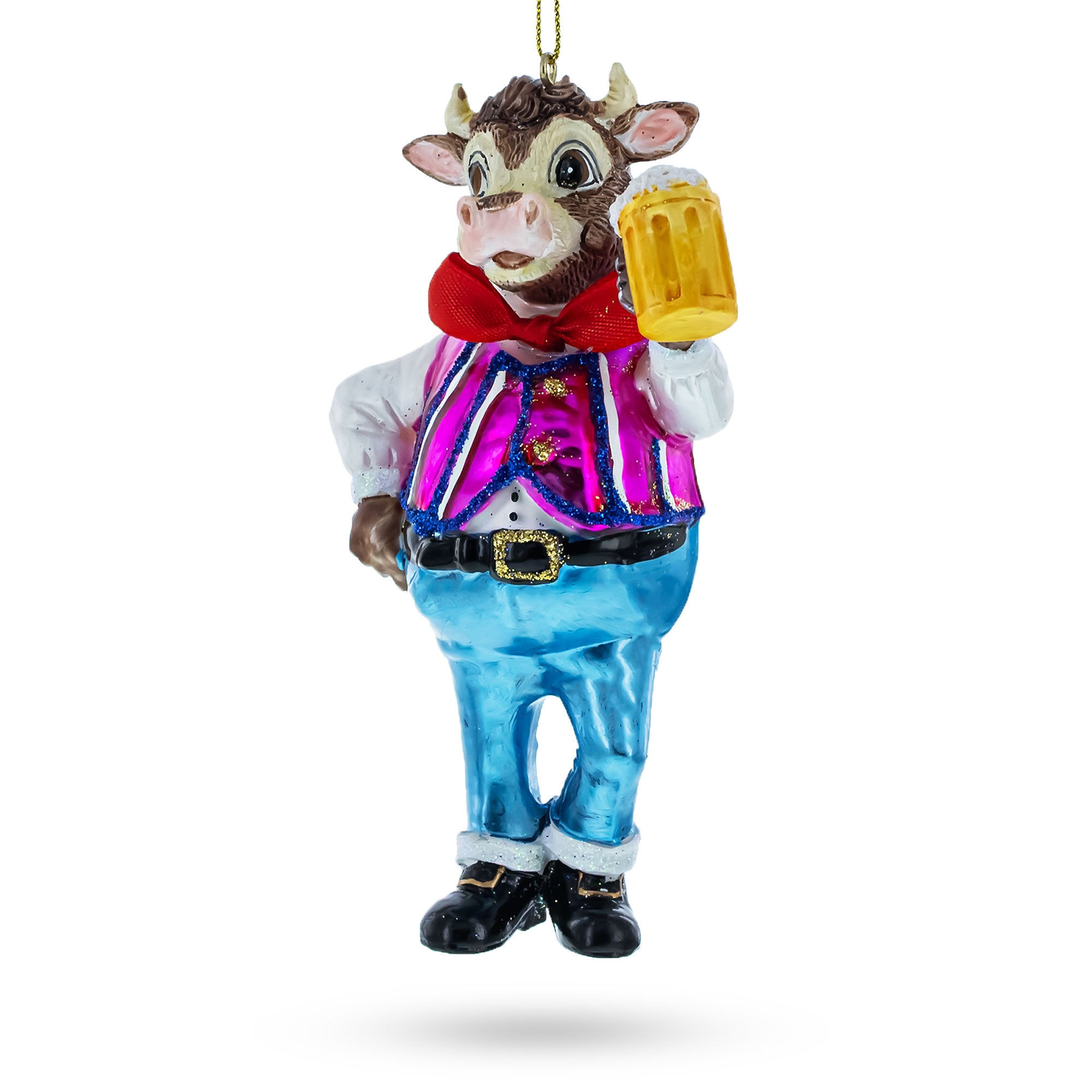 Bull Hoisting a Beer Glass Christmas Ornament in Multi color Figurine