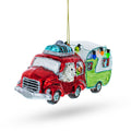 Bear Behind the Wheel of a Camper Glass Christmas Ornament in Red color Figurine