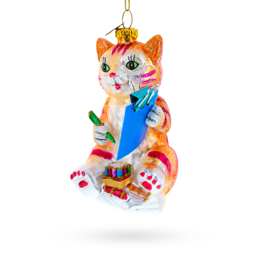 Cat Drawing a Self-Portrait Glass Christmas Ornament in Multi color Figurine