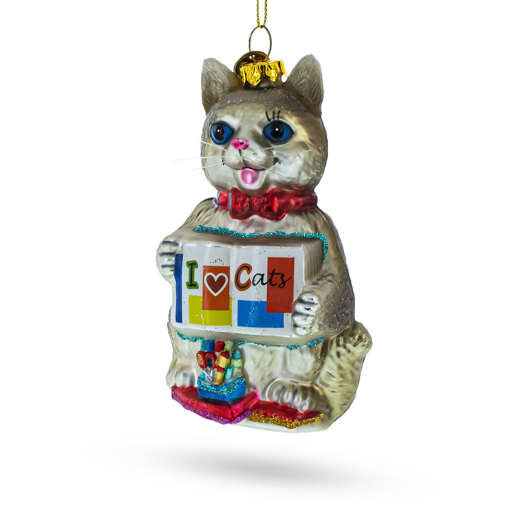 I Love Cats Glass Christmas Ornament in Multi color Figurine