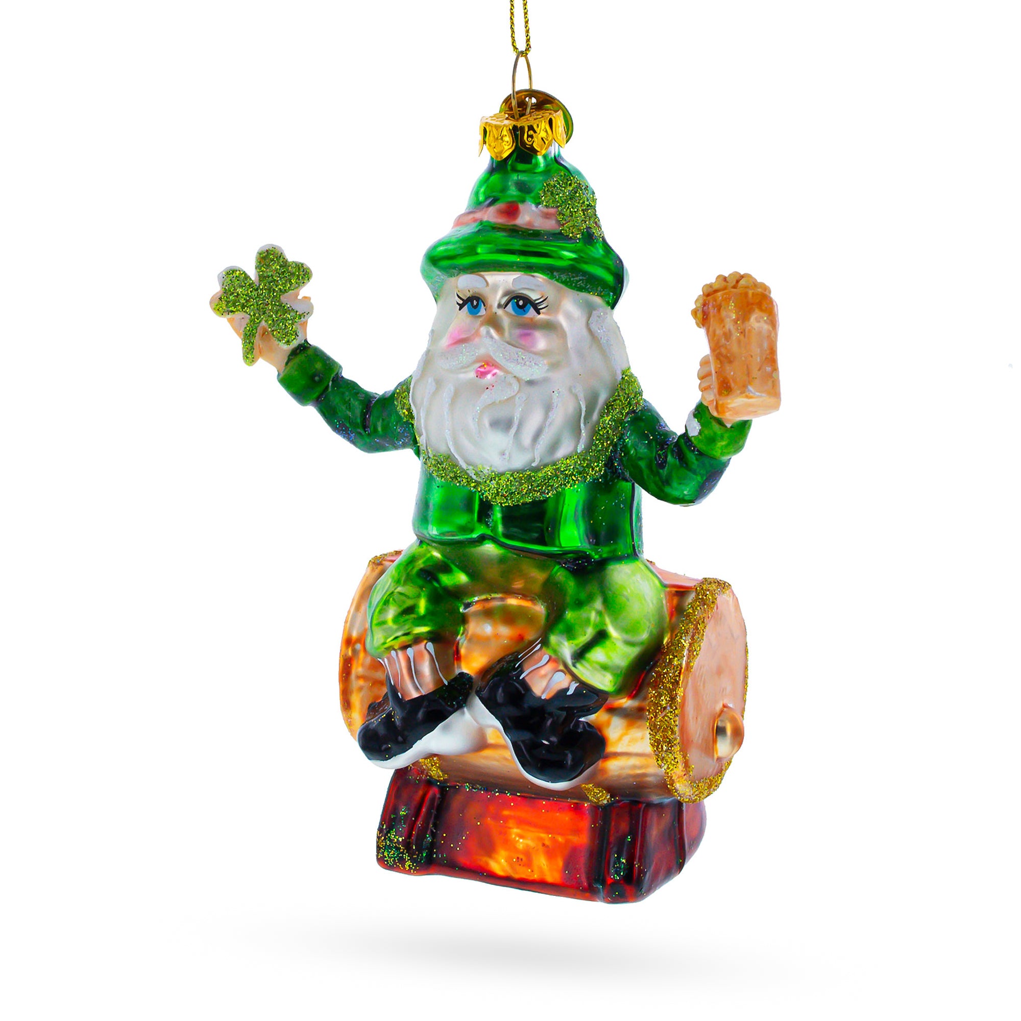Irish Santa Sitting on a Whiskey Barrel Glass Christmas Ornament in Green color Figurine