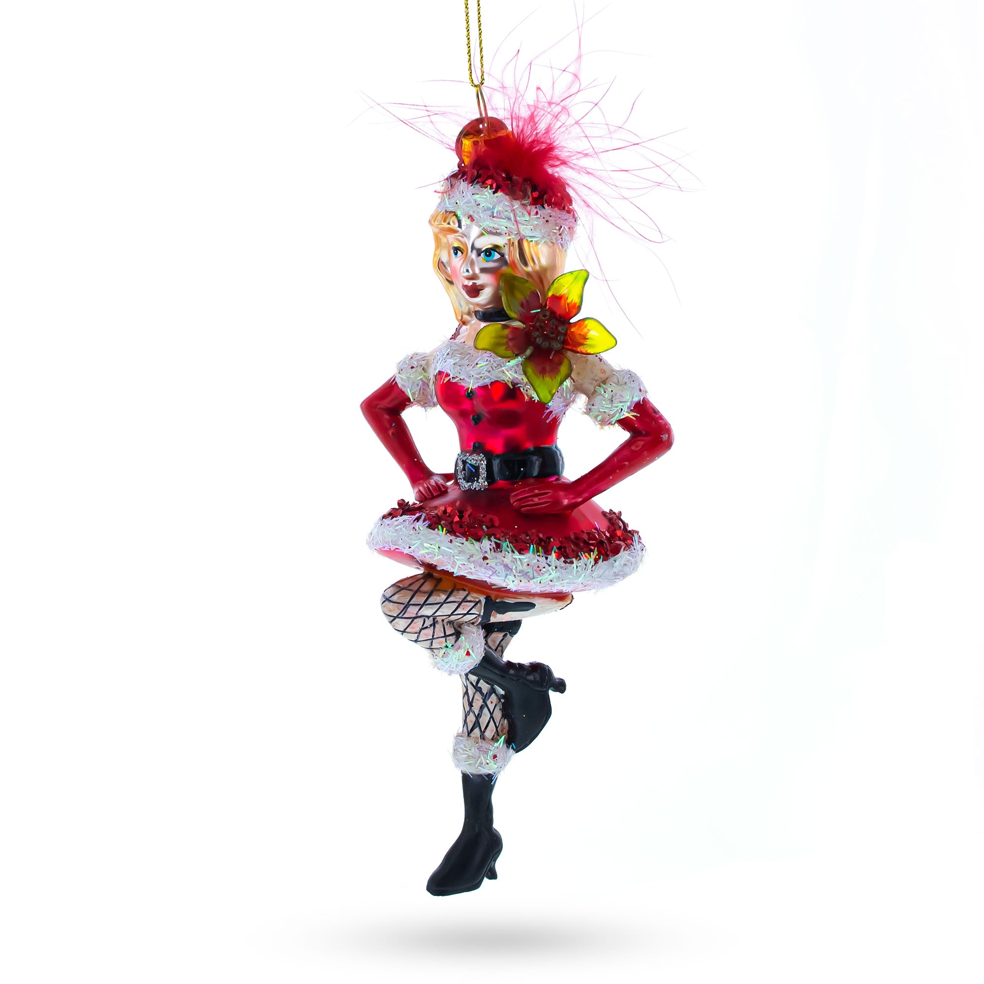 Woman in Santa Dress Dancing Glass Christmas Ornament in Red color Figurine
