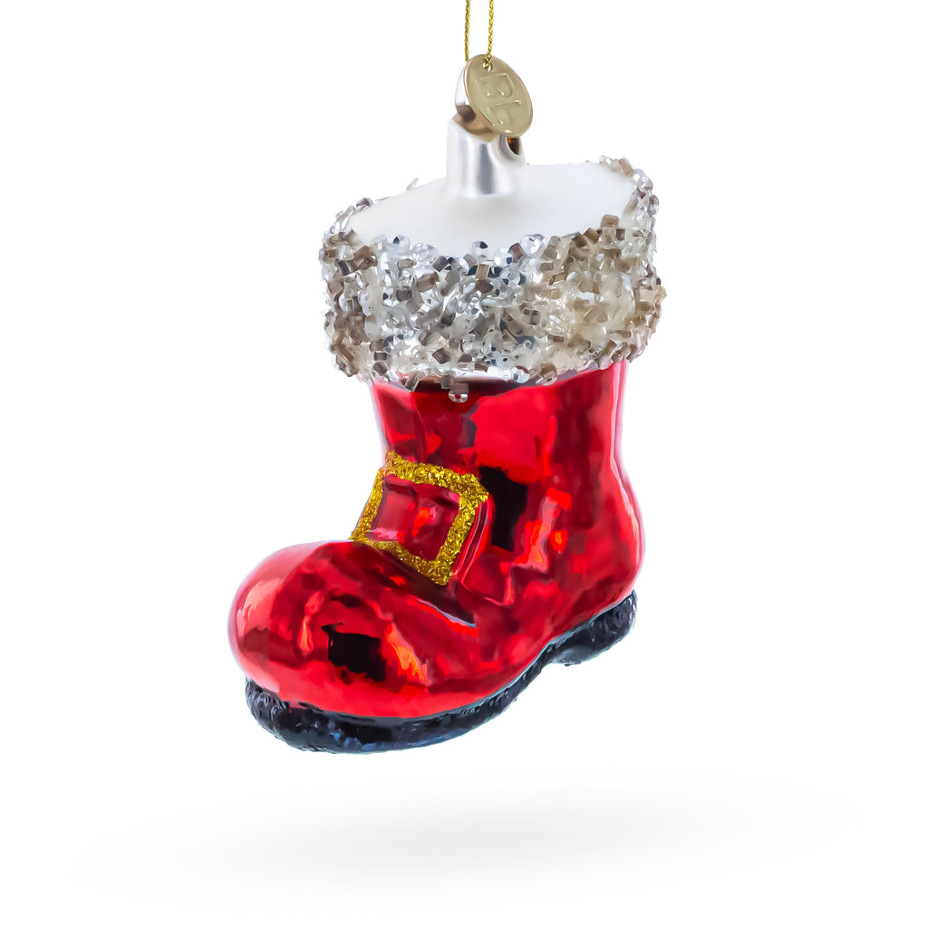 Santa Boot Glass Christmas Ornament in Red color Figurine