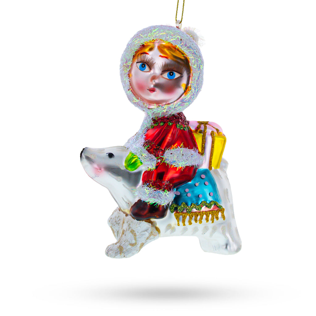 Girl Riding a Polar Bear Hand Glass Christmas Ornament in Red color Figurine