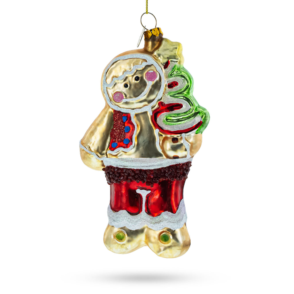 Glass Festive Gingerbread with Christmas Tree - Blown Glass Ornament in Multi color