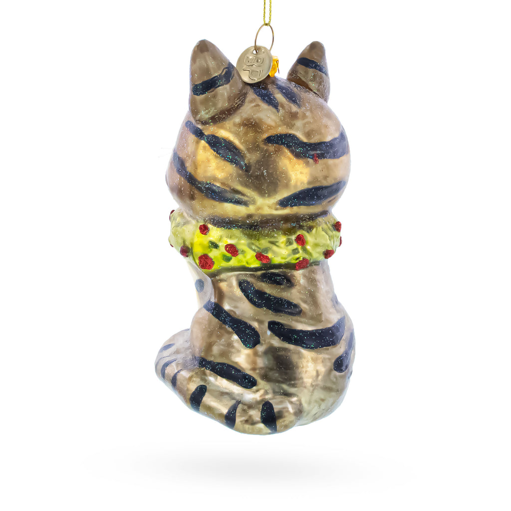 Striped Cat with Scarf Glass Christmas OrnamentChina , dimensions in inches: 4.9 x 2.5 x