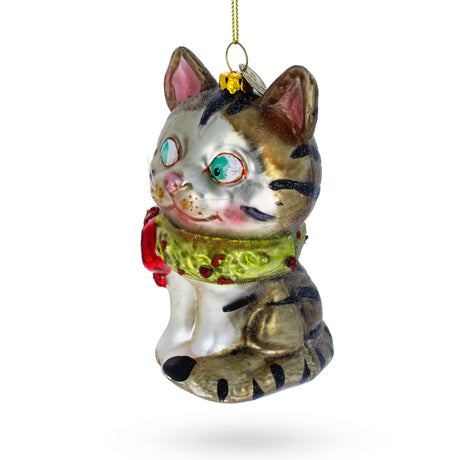 Cat with Sparkling Collar Blown Glass Christmas Ornament in Multi color,  shape