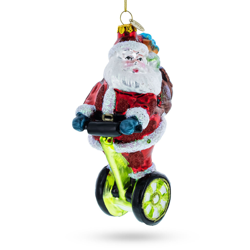 Santa Cruising on Electric Scooter Glass Christmas Ornament in Red color Figurine