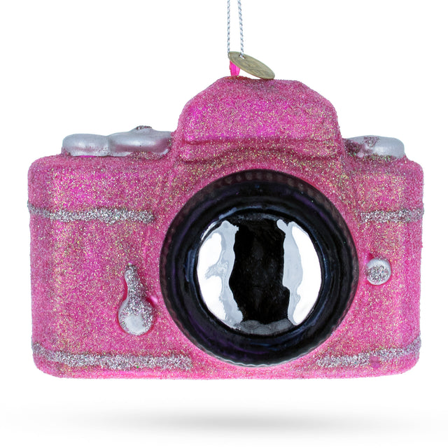 Vintage Pink Camera - Blown Glass Christmas Ornament in Pink color,  shape