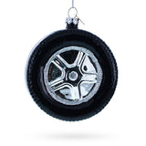 Sleek Black Car Wheel - Blown Glass Christmas Ornament in Black color, Round shape
