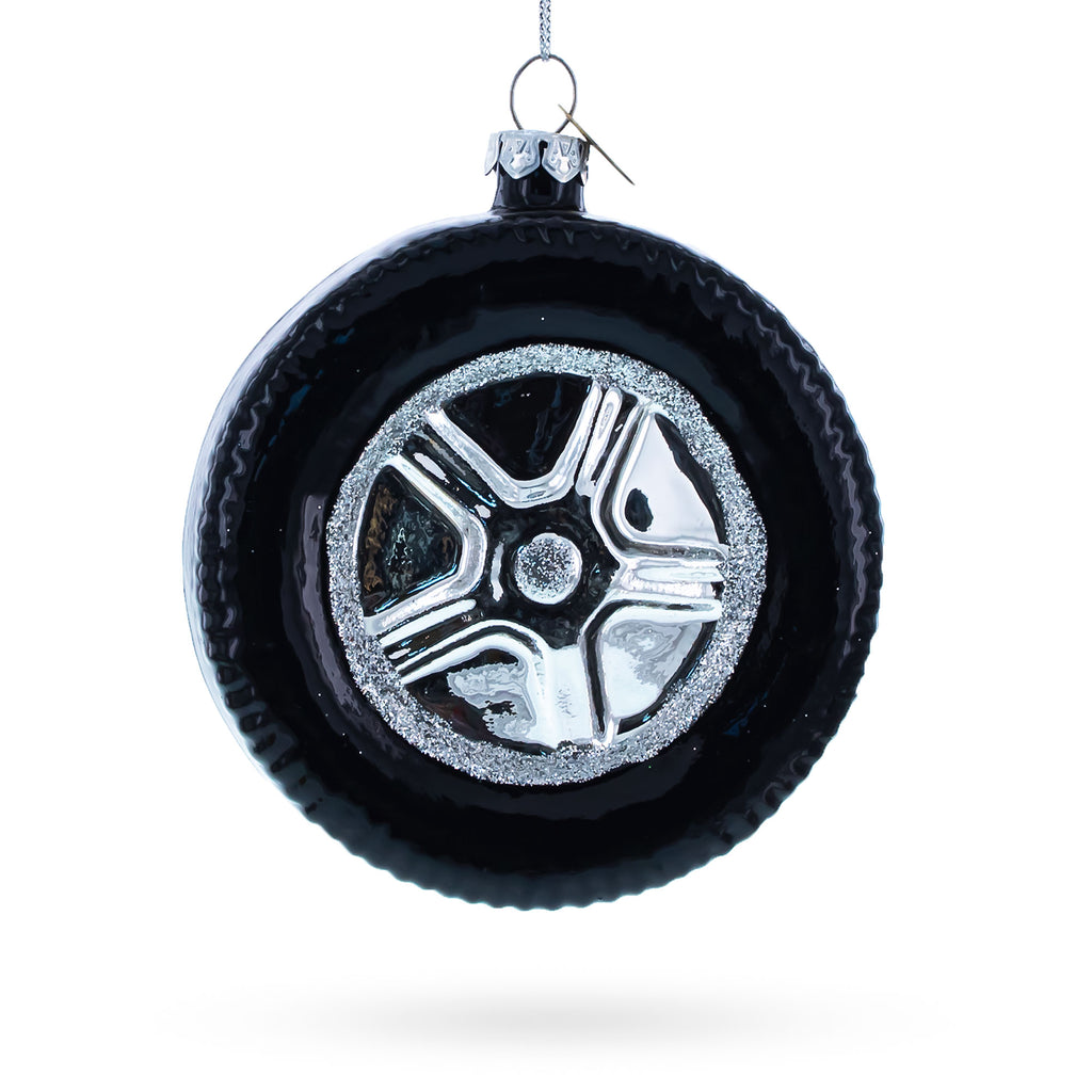 Sleek Black Car Wheel Blown Glass Christmas Ornament in Black color Figurine