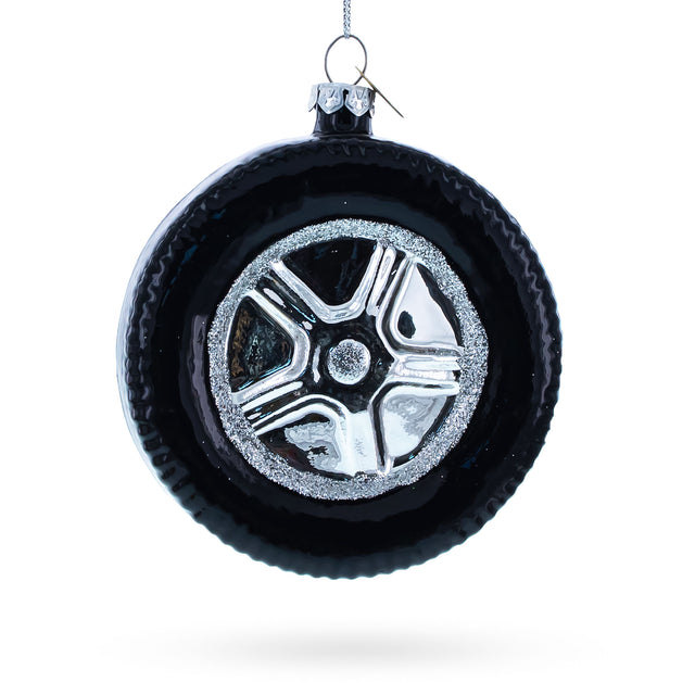 Glass Sleek Black Car Wheel - Blown Glass Christmas Ornament in Black color Round