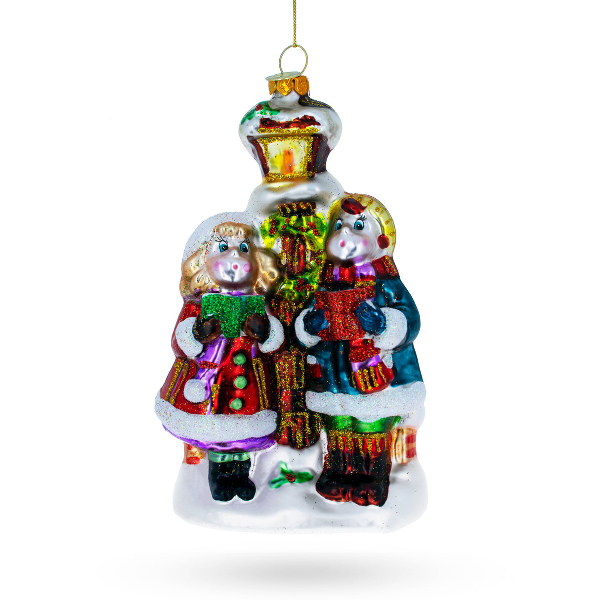 Carolers by a Vintage Lantern - Blown Glass Christmas Ornament in Multi color,  shape