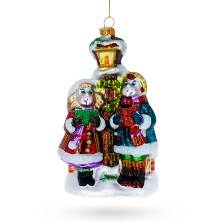 Carolers by a Vintage Lantern - Blown Glass Christmas Ornament in Multi color,  shape
